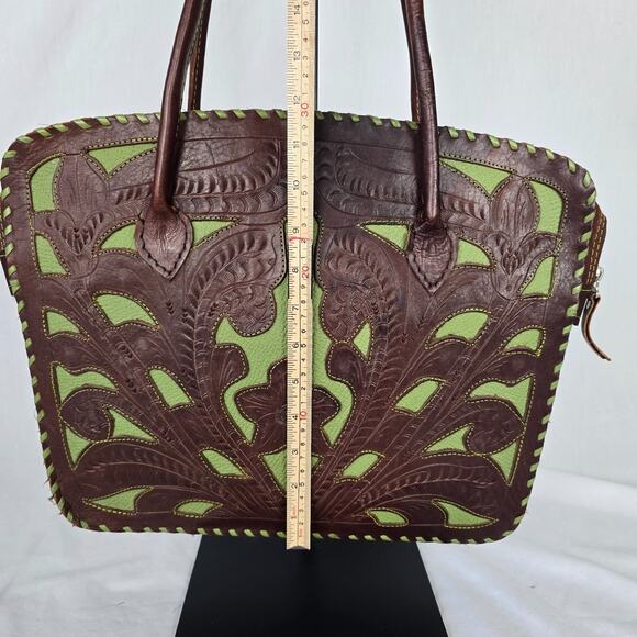 Leaders in Leather Tote Laptop Bag Hand Tooled Cutout Brown Green Paraguay - Picture 14 of 16